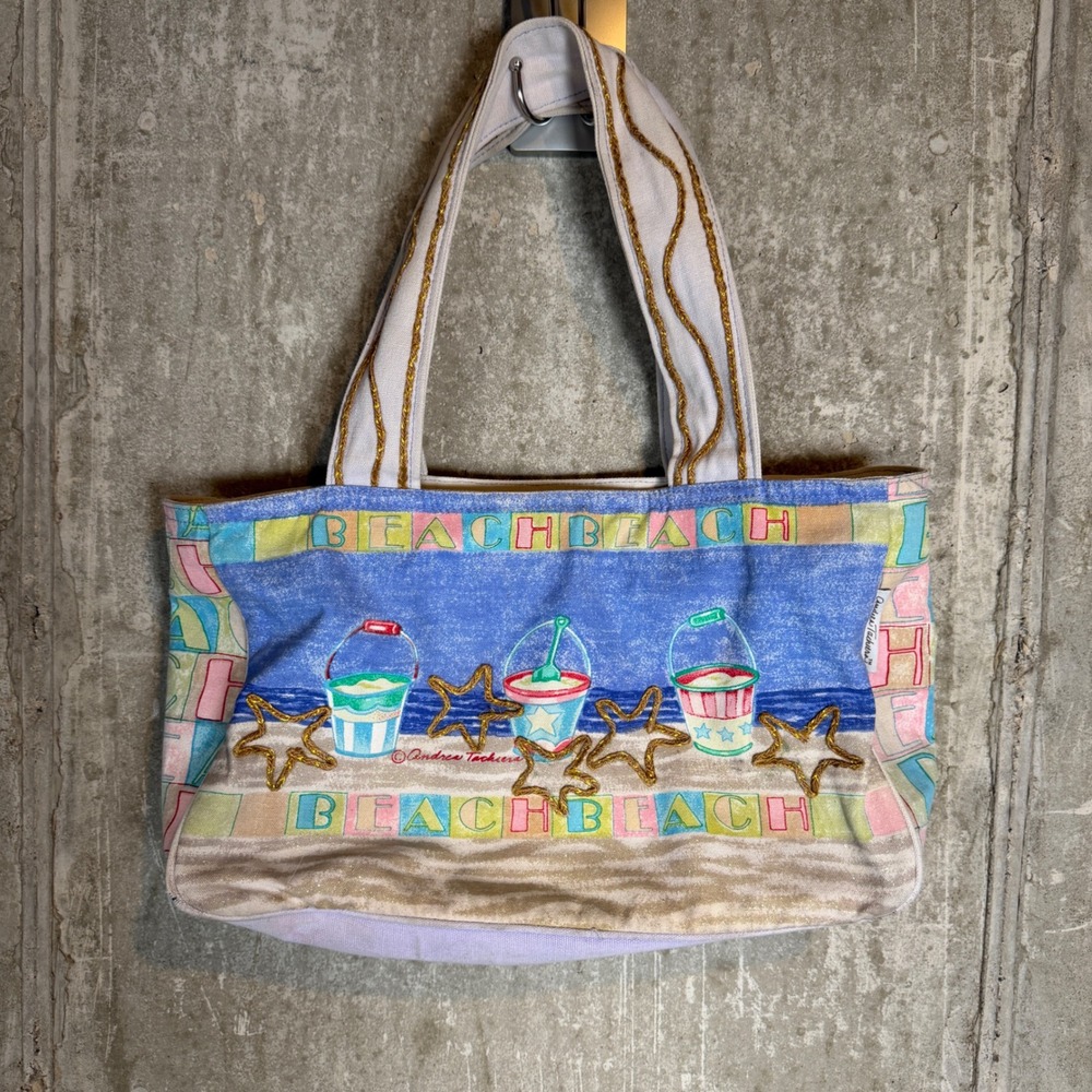Andrea Tachiera Sun N Sand Beach Canvas Tote Bag Blue Starfish Embroidered Bag